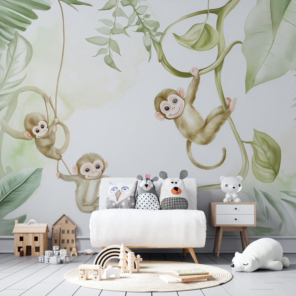 Safari monkey mural wallpaper transforming children's playroom into jungle adventure