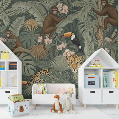 Kids-Mundo jungle animal wall mural featuring leopards and monkeys in a kids bedroom