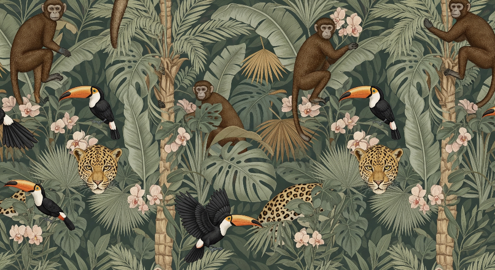 Kids-Mundo flat artwork of a jungle mural with monkeys, toucans, leopards and orchids