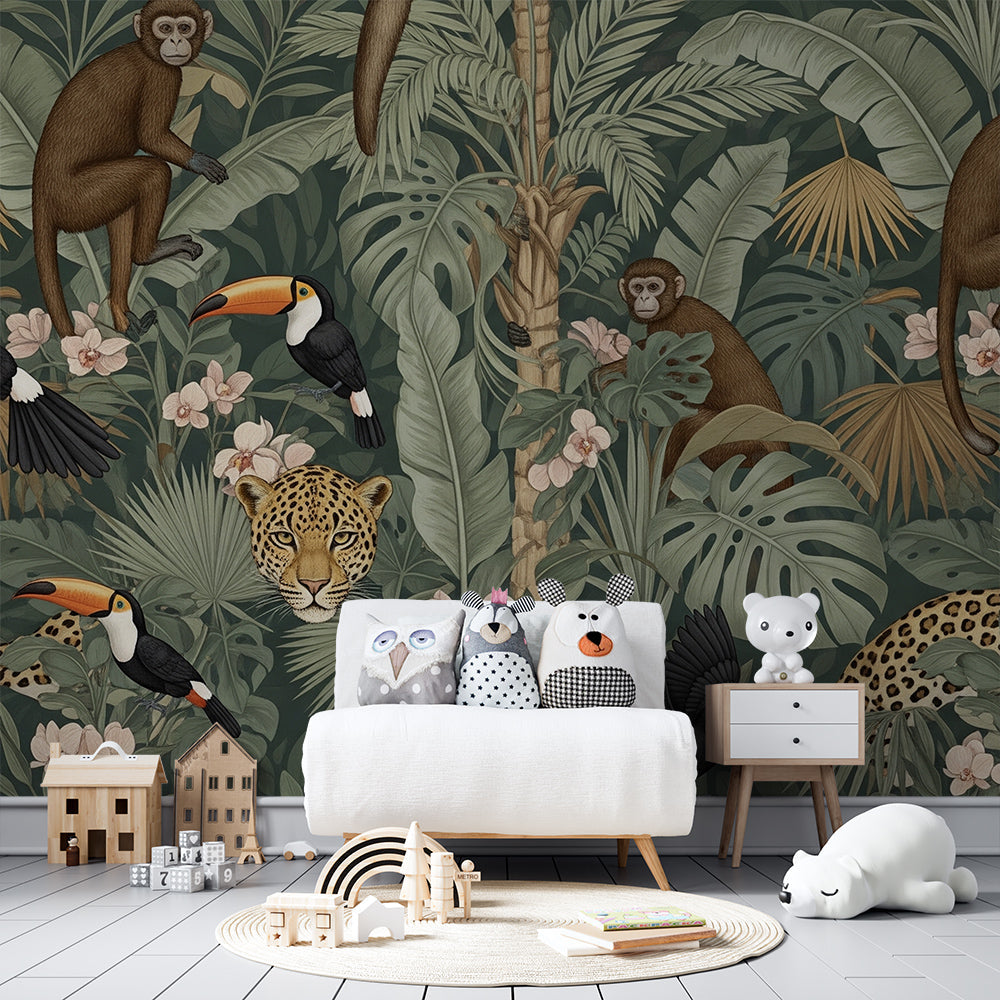 Kids-Mundo rainforest wall mural with monkeys, toucans and orchids in a playroom