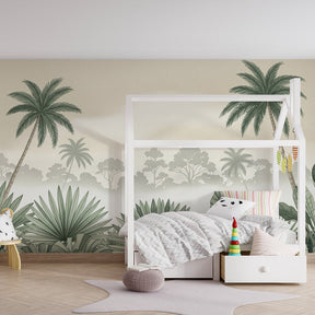 Tropical jungle wallpaper with palm trees decorating serene baby bedroom interior