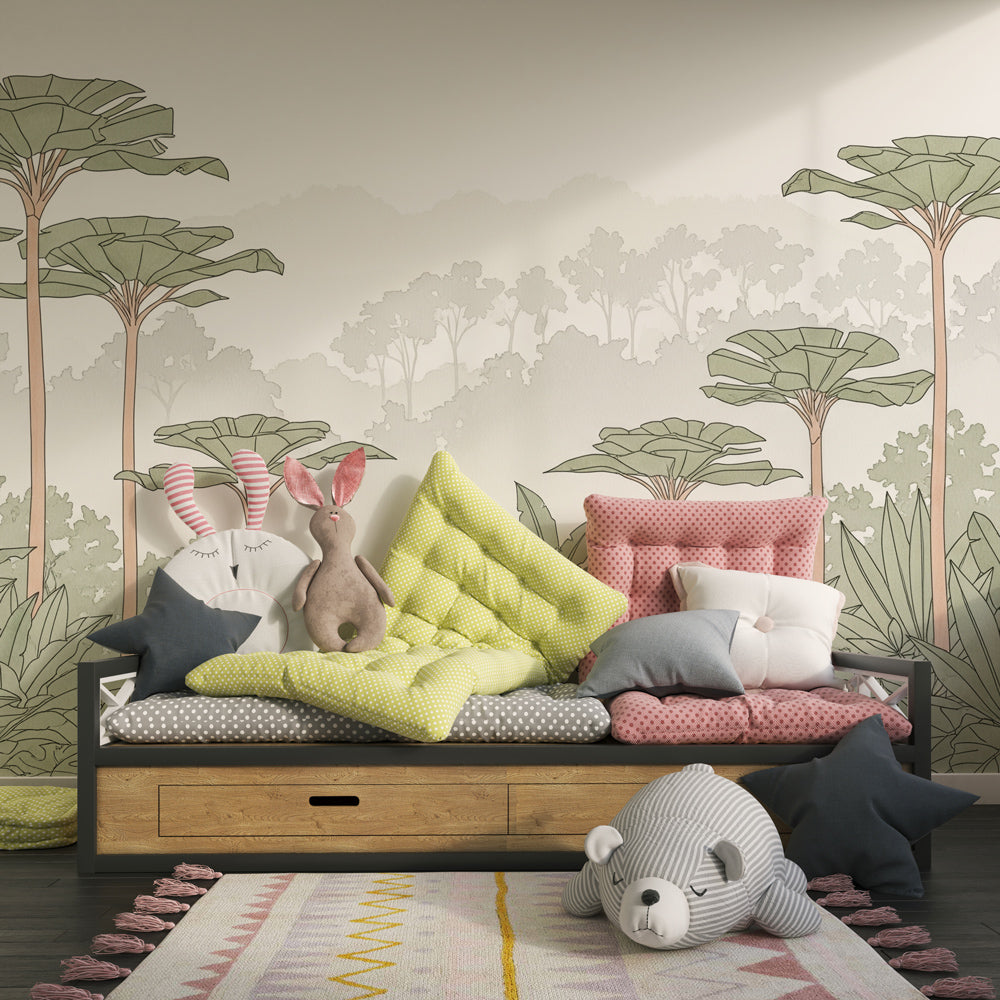 Tropical palm tree wallpaper creating serene atmosphere in children's bedroom
