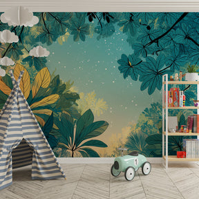 Starry jungle wallpaper creating magical kids bedroom atmosphere with natural wood furniture