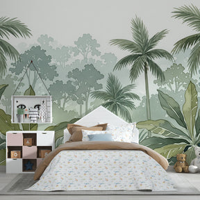 Botanical jungle mural wallpaper for kids room with natural green and beige tones by Kids-Mundo
