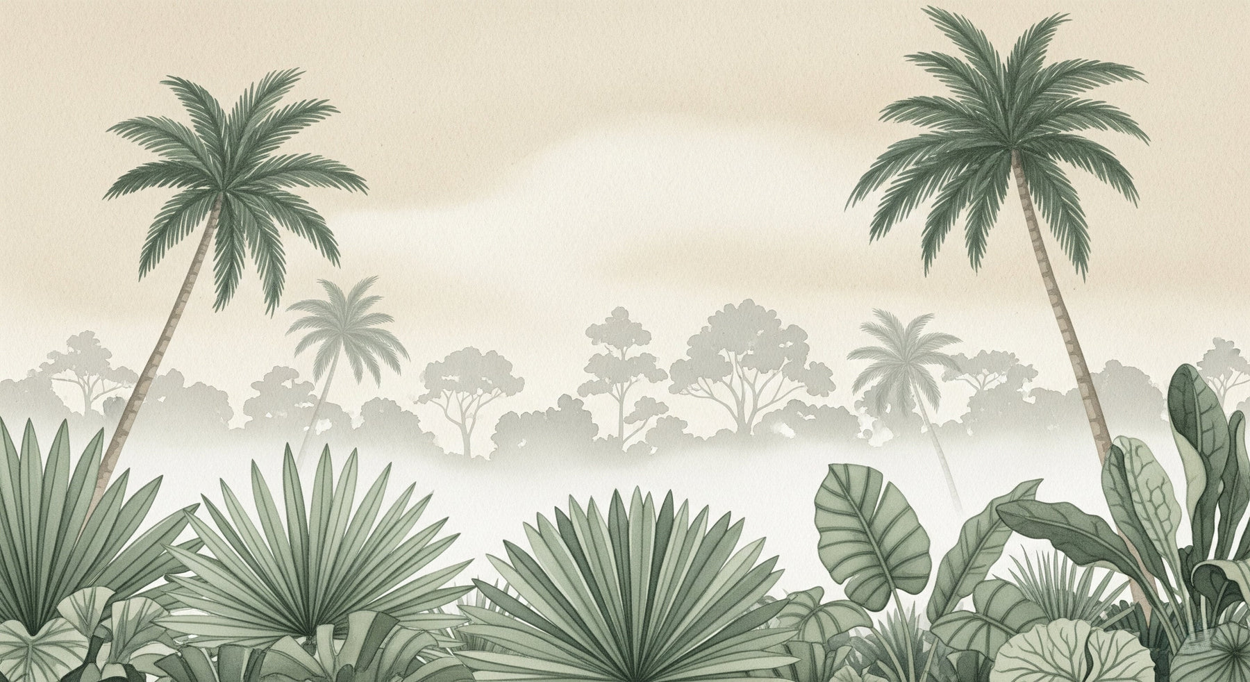 Detailed tropical jungle mural wallpaper design pattern with palm trees by Kids-Mundo