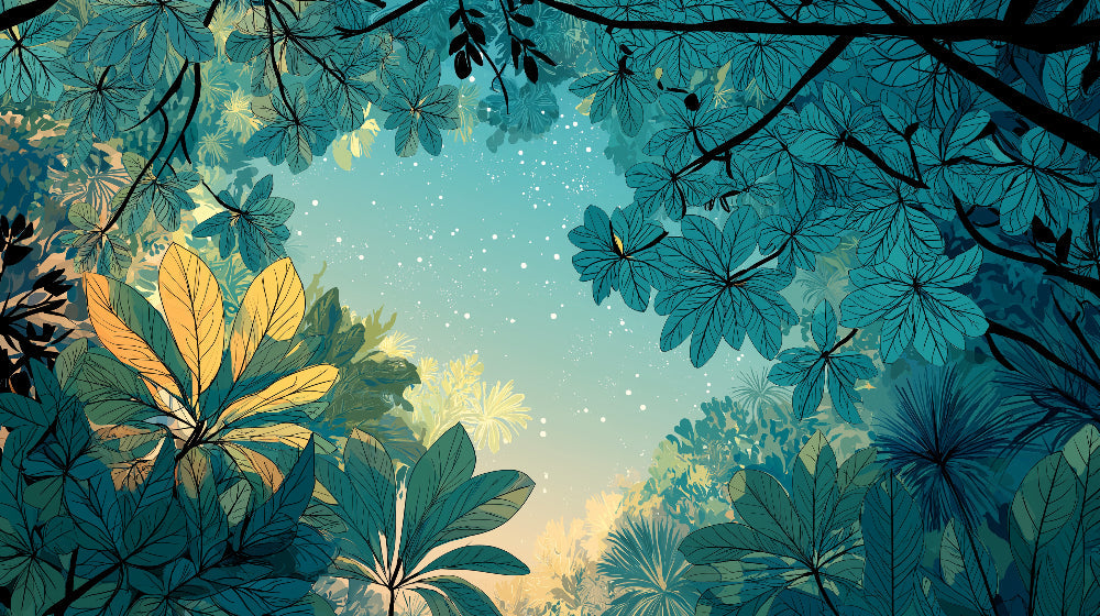 Detailed jungle mural wallpaper design pattern with tropical leaves and celestial stars by Kids-Mundo