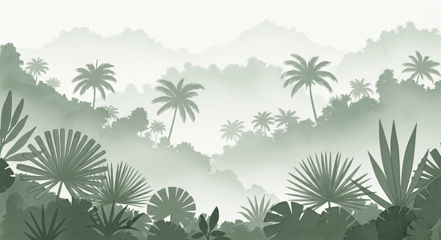 Detailed peaceful jungle mural wallpaper design pattern with misty palms by Kids-Mundo