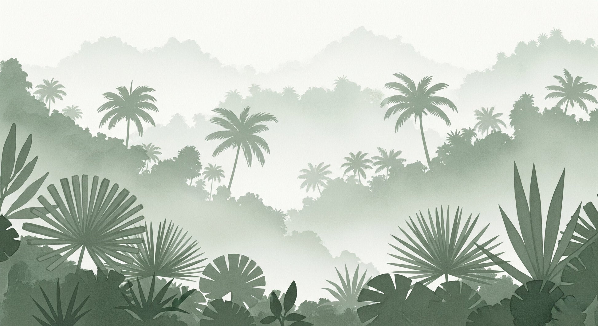 Detailed peaceful jungle mural wallpaper design pattern with misty palms by Kids-Mundo