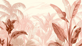 Detailed pastel jungle mural wallpaper design pattern with exotic leaves in rose and beige by Kids-Mundo