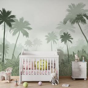 Green jungle themed mural wallpaper transforming child's bedroom into tropical sanctuary with natural decor
