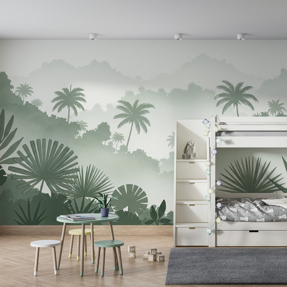 Calming jungle mural wallpaper with soft green tones for children's playroom environment