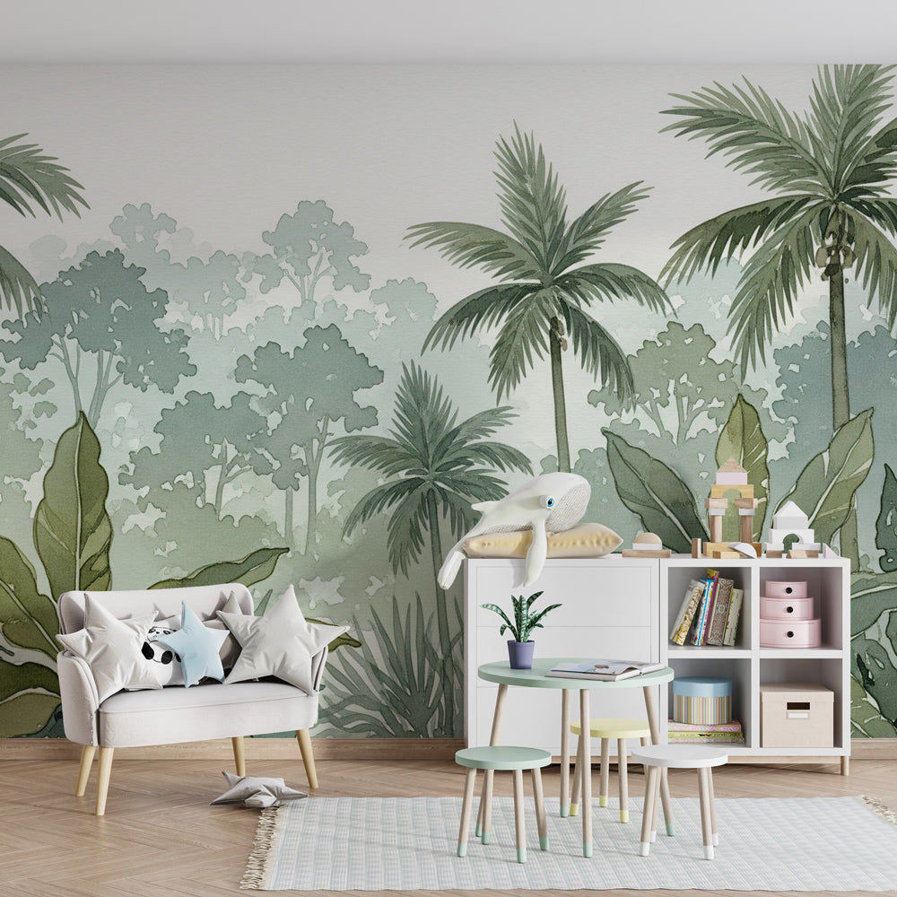 Jungle foliage wallpaper transforming children's bedroom with peaceful tropical atmosphere