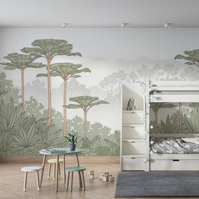 Botanical jungle wallpaper with lush greenery for peaceful kids room decor