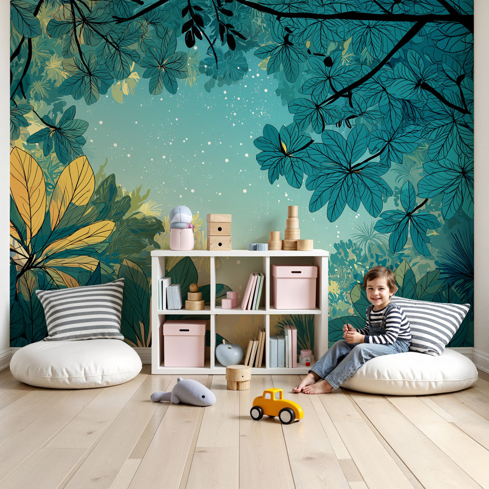 Jungle mural wallpaper with starry tropical foliage in modern nursery setting by Kids-Mundo