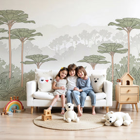 Peaceful jungle mural wallpaper with palm trees in modern nursery room by Kids-Mundo
