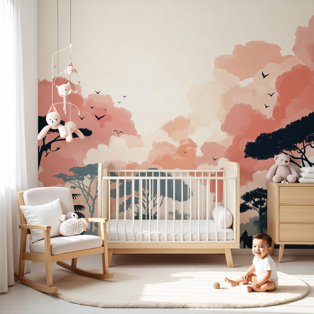 Dreamy jungle mural wallpaper with pastel colors in modern nursery by Kids-Mundo
