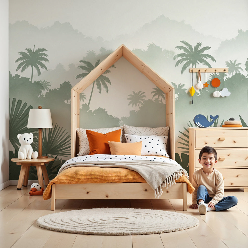 Peaceful jungle mural wallpaper in modern nursery with natural wood crib by Kids-Mundo