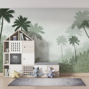 Tropical jungle mural wallpaper creating adventurous playroom atmosphere with misty palm trees and lush foliage