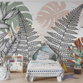 Black white jungle mural wallpaper transforming children's playroom into botanical paradise