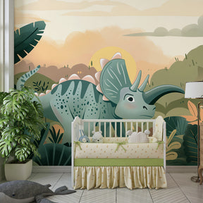 Tropical dinosaur wallpaper with twilight theme transforming child's bedroom into adventure space
