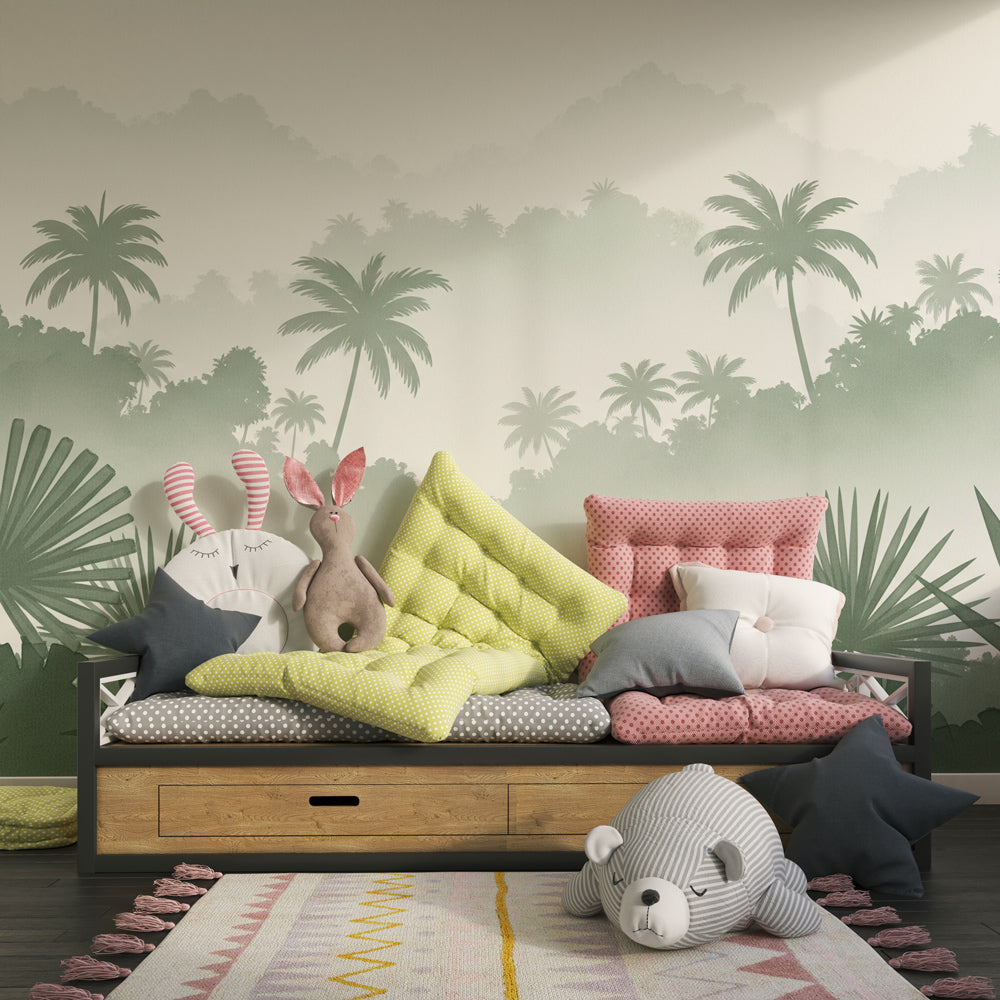 Tropical jungle wallpaper creating serene kids bedroom decor with misty palm trees