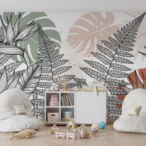 Tropical jungle wallpaper creating adventurous kids bedroom decor with fern and flower motifs