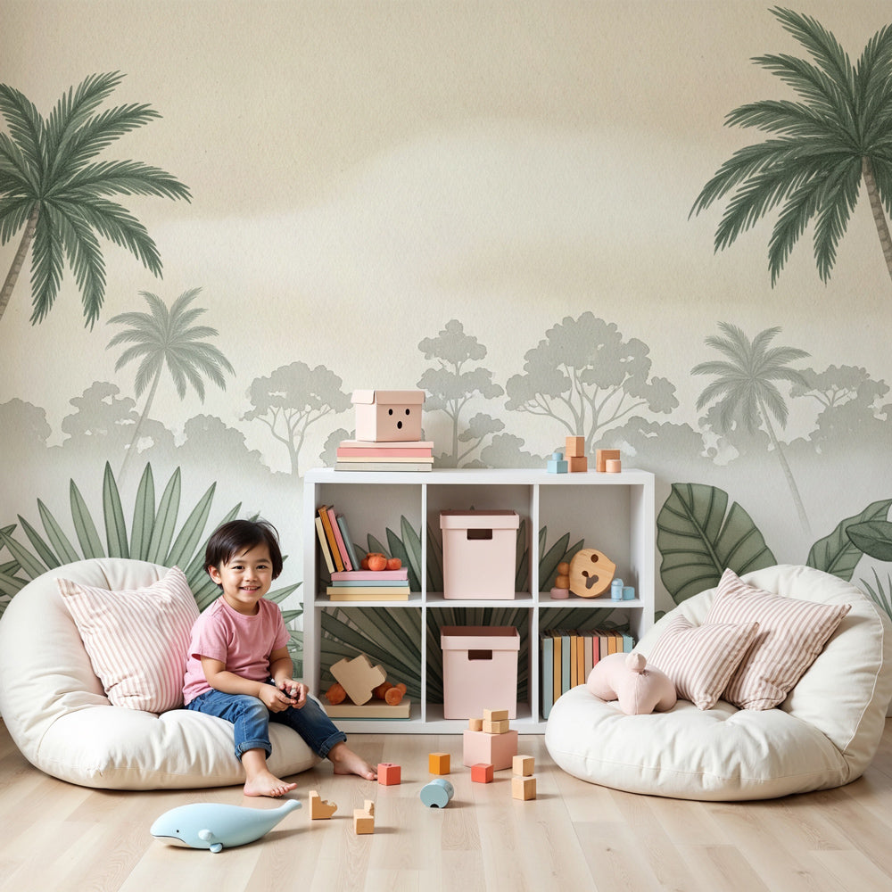 Jungle mural wallpaper creating tropical atmosphere in modern baby nursery by Kids-Mundo