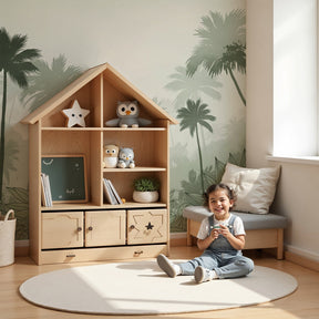 Mystical jungle mural wallpaper with palm trees creating tropical atmosphere in modern kids nursery by Kids-Mundo