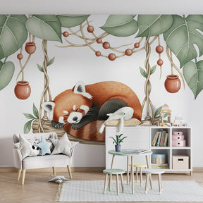 Red panda wallpaper creating peaceful jungle atmosphere in children's bedroom