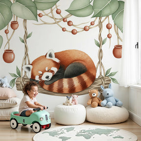 Jungle panda mural wallpaper featuring sleeping red panda in modern nursery by Kids-Mundo
