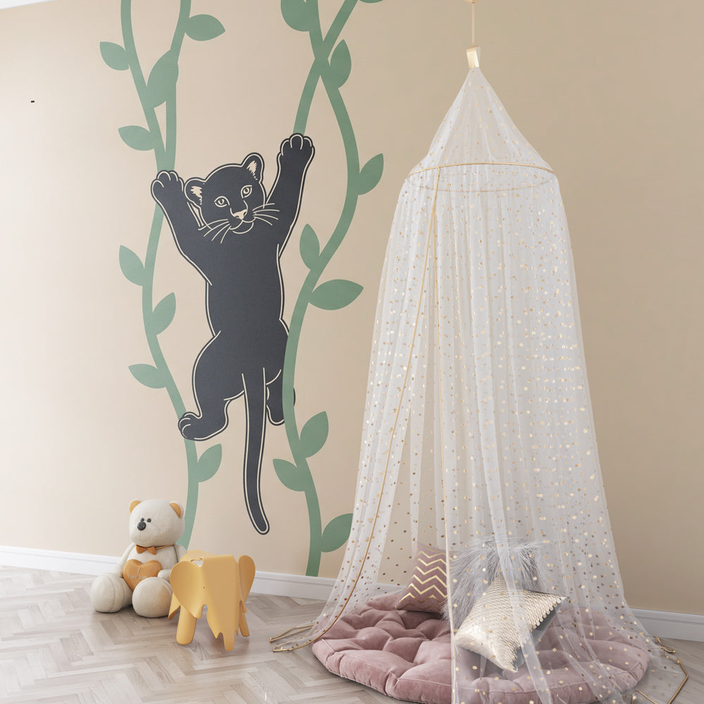 Playful panther jungle wallpaper creating adventure theme in children's bedroom decor