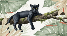 Detailed jungle panther mural wallpaper design pattern with tropical leaves by Kids-Mundo