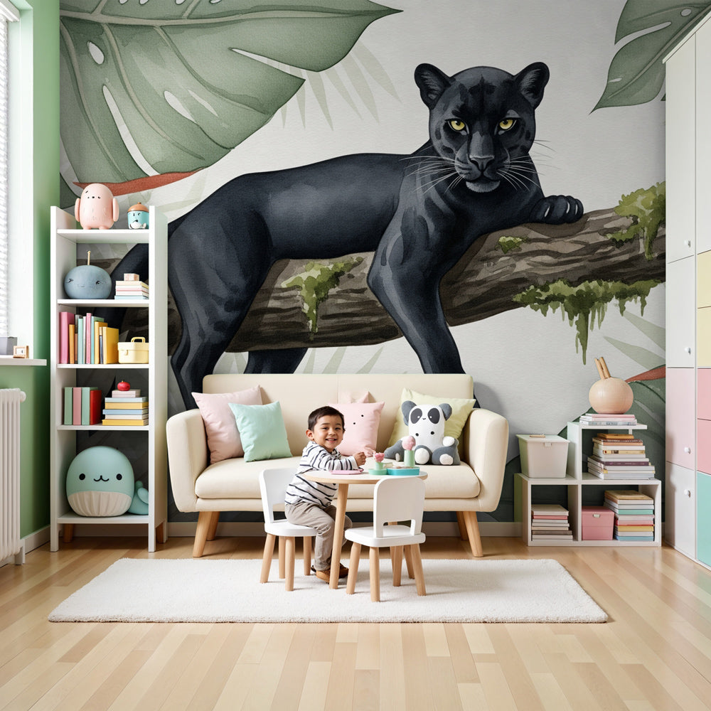 Jungle panther mural wallpaper in modern nursery with natural wood furniture by Kids-Mundo
