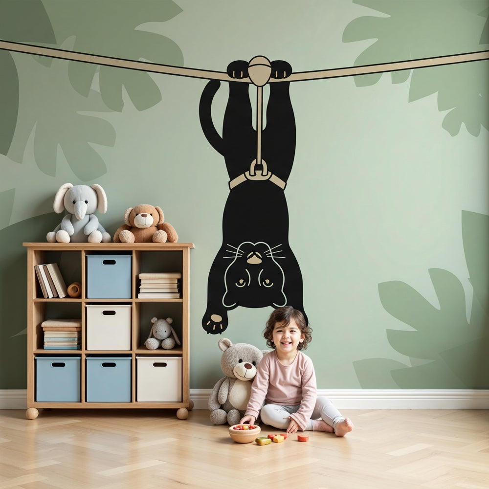 Jungle panther mural wallpaper in modern nursery with natural wood furniture by Kids-Mundo