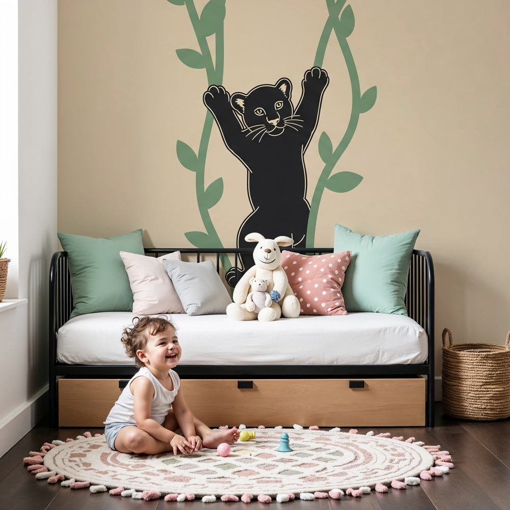 Jungle panther cub mural wallpaper in modern nursery with natural wood crib by Kids-Mundo