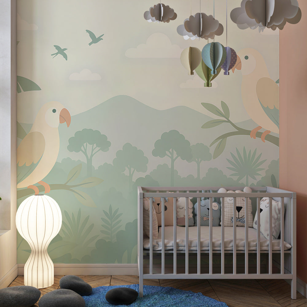 Gentle jungle parrot mural wallpaper showcased in bright children's room setting