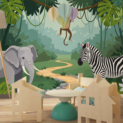 Kids-Mundo jungle path wall mural with elephant and zebra styled in a kids bedroom