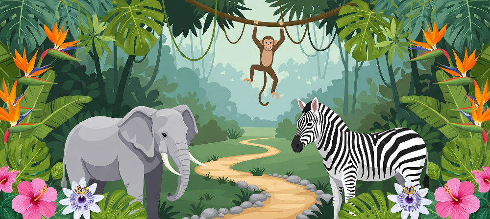 Kids-Mundo flat illustration of an elephant and zebra on a jungle path with a monkey