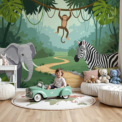 Kids-Mundo elephant and zebra jungle path wall mural shown in a green nursery room