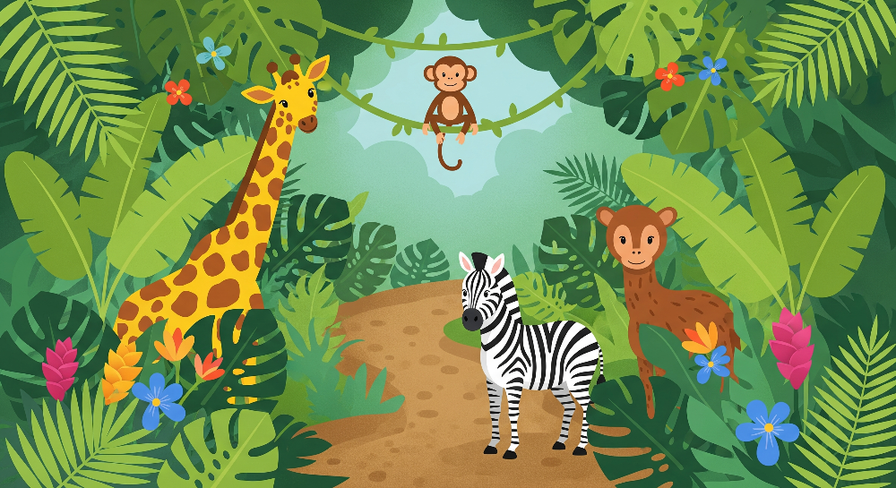 Jungle Path Giraffe, Zebra and Monkeys Wall Mural