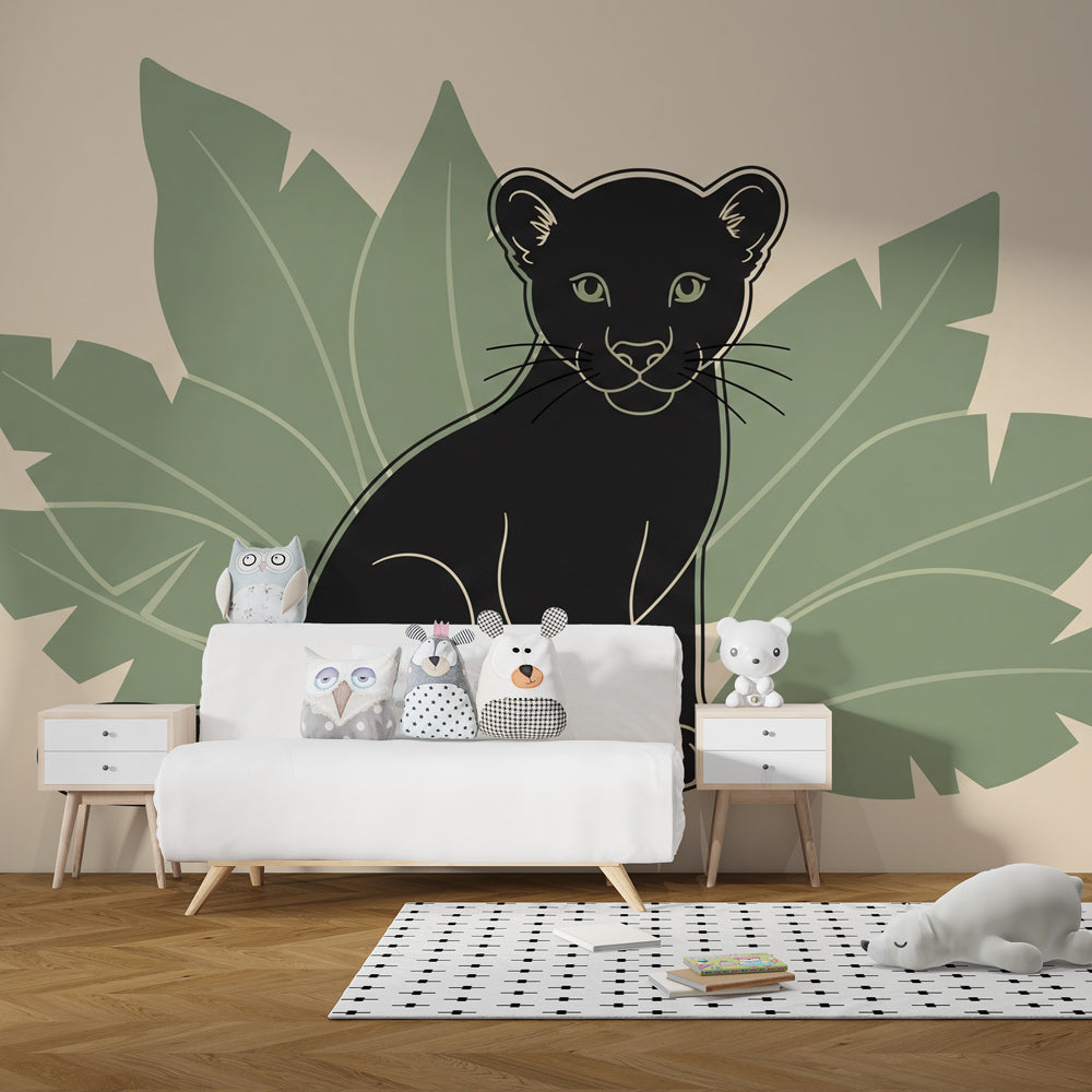 Tropical puma wallpaper with natural wood furniture in children's bedroom setting
