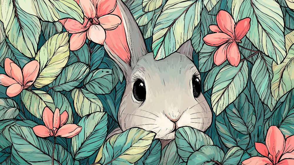 Detailed jungle rabbit and floral botanical mural wallpaper design pattern by Kids-Mundo