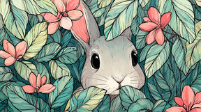 Detailed jungle rabbit and floral botanical mural wallpaper design pattern by Kids-Mundo