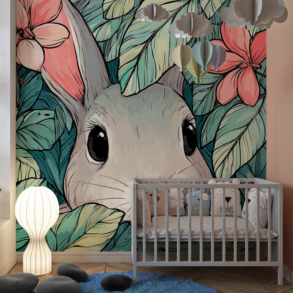 Floral jungle rabbit wallpaper creating magical children's bedroom decor with natural tones