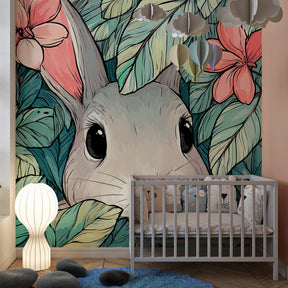 Floral jungle rabbit wallpaper creating magical children's bedroom decor with natural tones