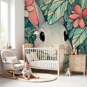 Jungle rabbit mural wallpaper with floral details in modern nursery setting by Kids-Mundo