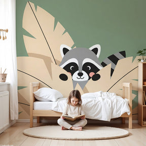 Jungle raccoon mural wallpaper in modern baby nursery with natural wood crib by Kids-Mundo