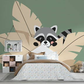 Tropical raccoon wallpaper creating peaceful nursery atmosphere with soft green tones
