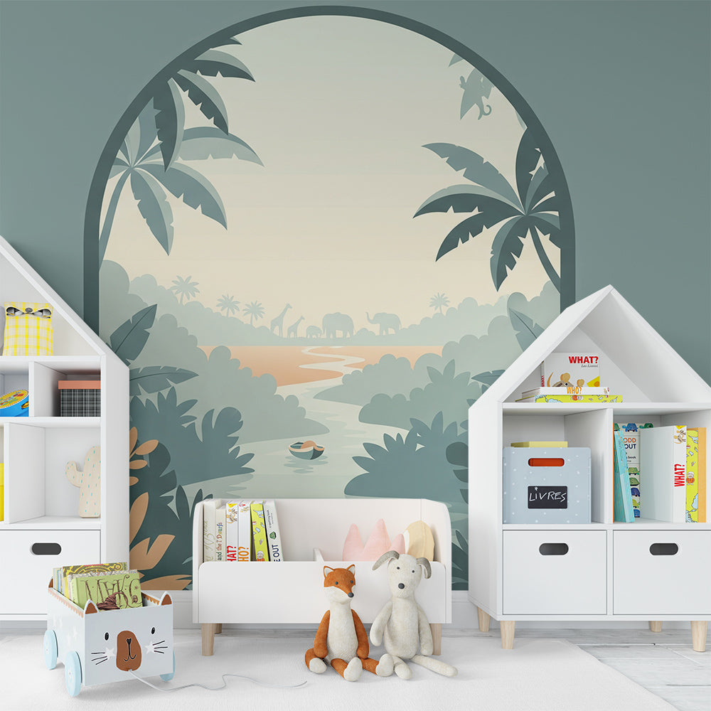 Kids-Mundo tropical jungle river mural covering a feature wall in a child's bedroom