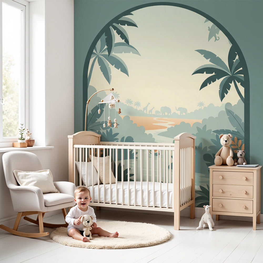 Kids-Mundo jungle river wall mural styled in a calm nursery with pale green walls and a cot